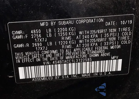 2020 Subaru Outback Premium z USA, uszkodzony, nr VIN 4S4BTACC1L3122585